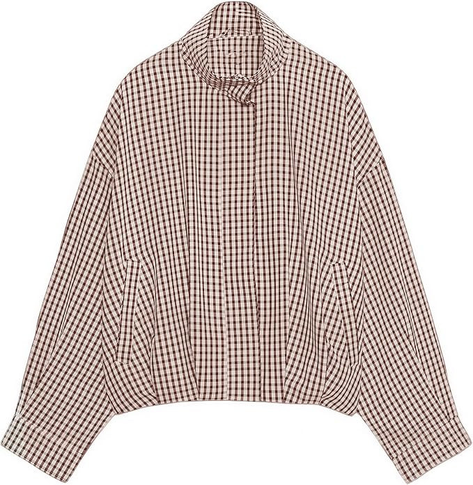 Womens Plaid Jacket Bomber Stand Collar Zip Up Coat with Pockets | Amazon (US)