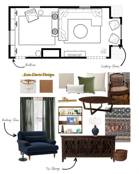 Family room, living room, playroom, toy storage, kid space, kid friendly, floor plan, navy chair, sideboard, round coffee table, green curtains, light fixture, book shelf, book ledge, green pillow, antique 

#LTKhome #LTKkids #LTKfamily