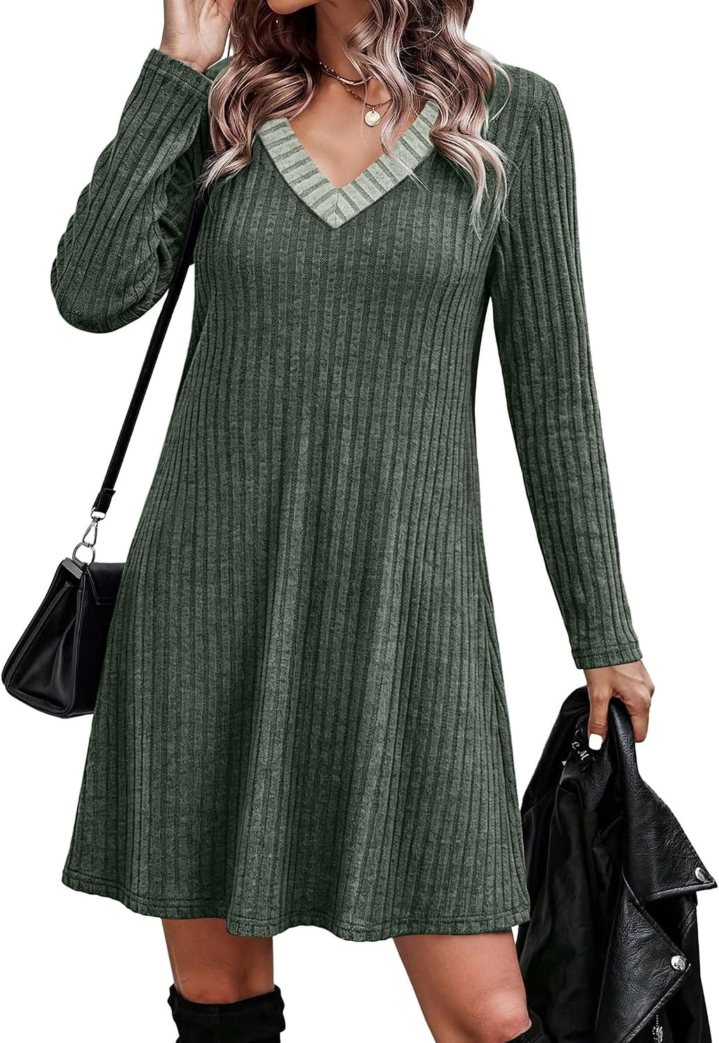 OFEEFAN Fall Dresses for Women Color Block V Neck Long Sleeve Sweater Dress | Amazon (US)