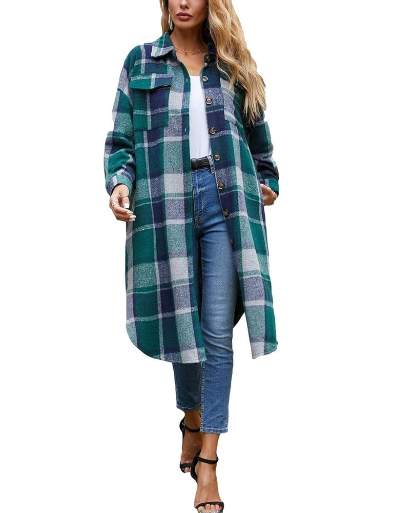 PUWEI Women's Casual Lapel Button Down Long Plaid Shirt Coat Tartan Shacket Jacket | Amazon (US)