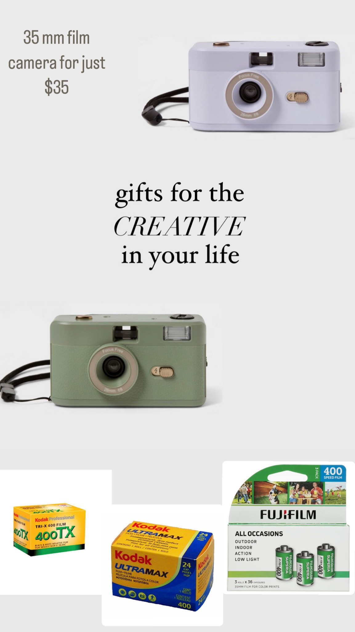 I just bought one of these fun 35 mm film cameras for myself! So cute and would be perfect gifts for those creative people in your life! Or even just for those who enjoy capturing the memories 📸

#LTKHoliday #LTKtravel #LTKunder50
