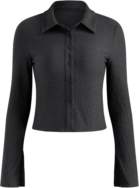 CIDER Texture Solid Bell Sleeve Crop Shirt | Amazon (US)