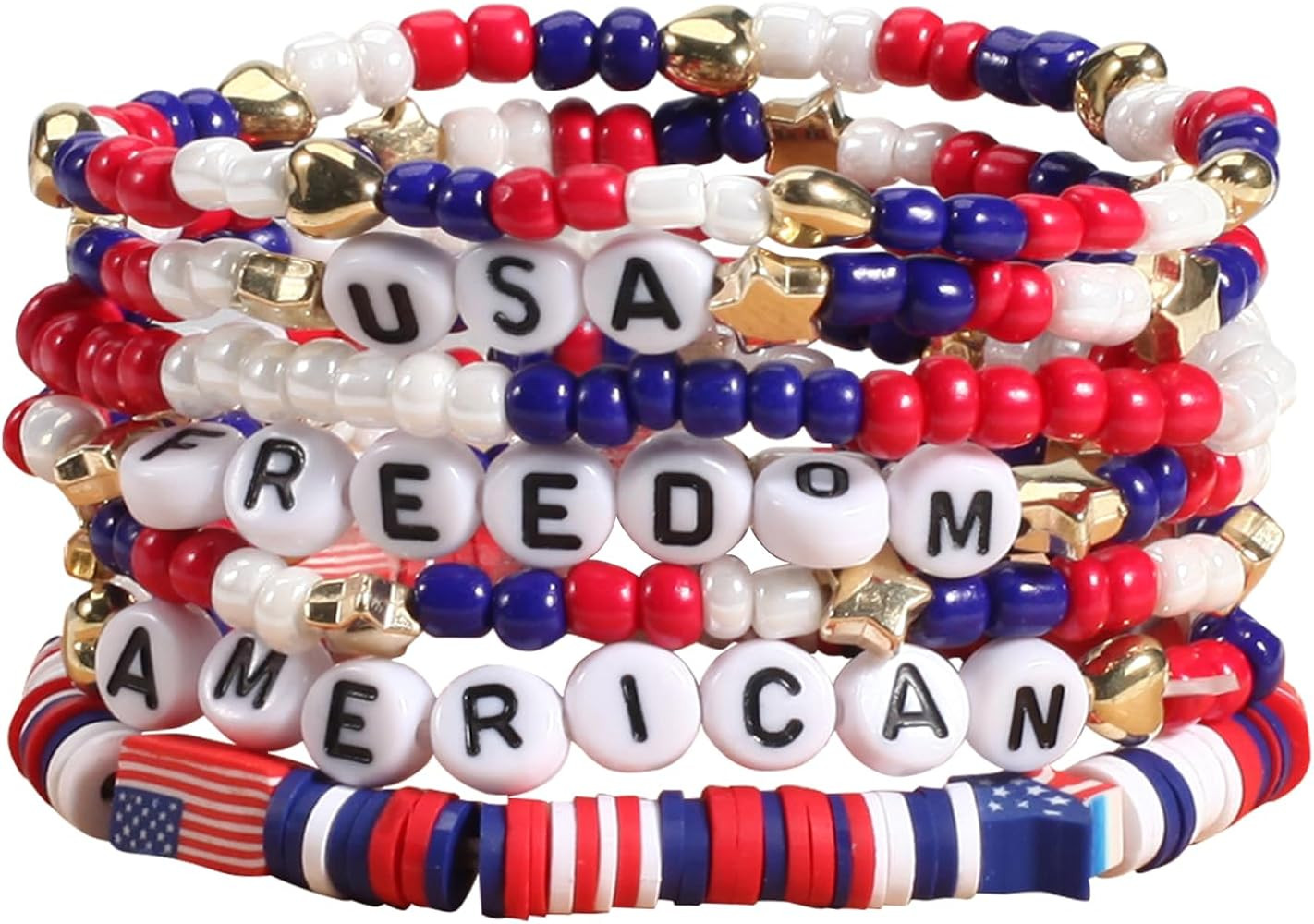 4th of July Bracelets for Women Girls Boho Stretch Beads Bracelets America Flag Bracelets St.Patr... | Amazon (US)