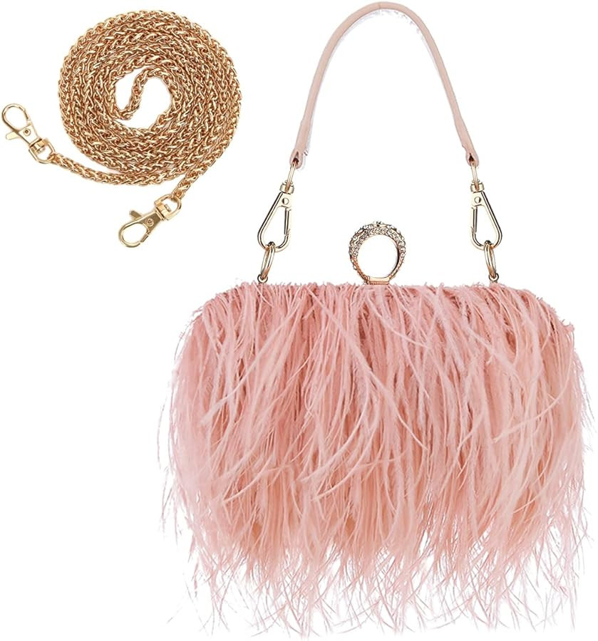 ZAKIA Women's Real Natural Ostrich Feather Tote Evening Dress Bag Shoulder Bag Party Money Bag Wa... | Amazon (US)