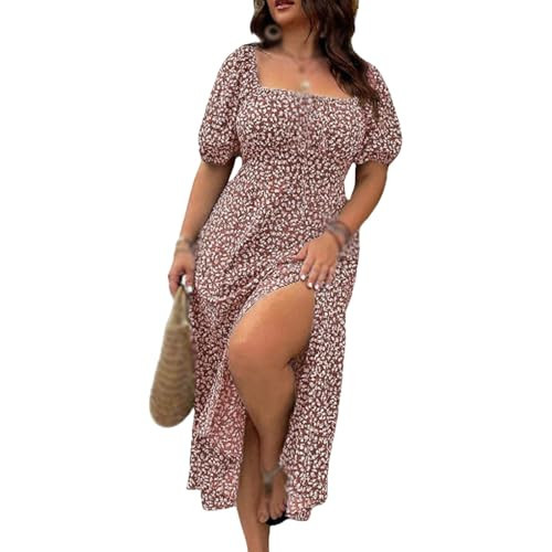Plus Size Ditsy Floral All Over Print Split Thigh Dress, Square Neck Puff Sleeve Tie Front Flutter A Line Dress for Beach (Brown,3X-Large) | Amazon (US)