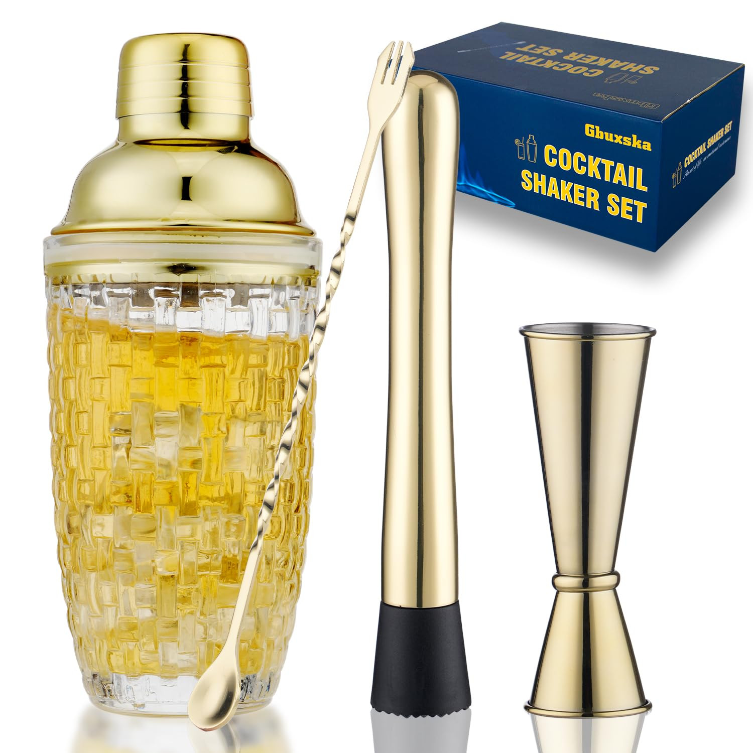 Gold Cocktail Shaker Set- Includes Measuring Jigger, Mixing Spoon, and Muddler - Perfect for Home... | Amazon (US)