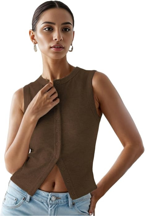 Womens Button Down Tank Tops Ribbed Summer Going Out Crop Vest | Amazon (US)