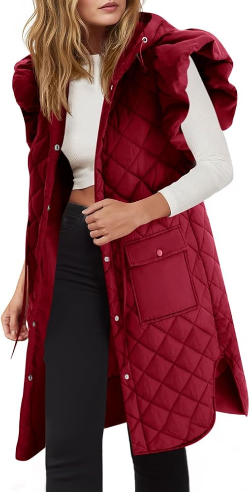 Tankaneo Womens Long Puffer Vests Fashion Ruffle Sleeve Quilted Gilet Coats Winter Hooded Down Ja... | Amazon (US)