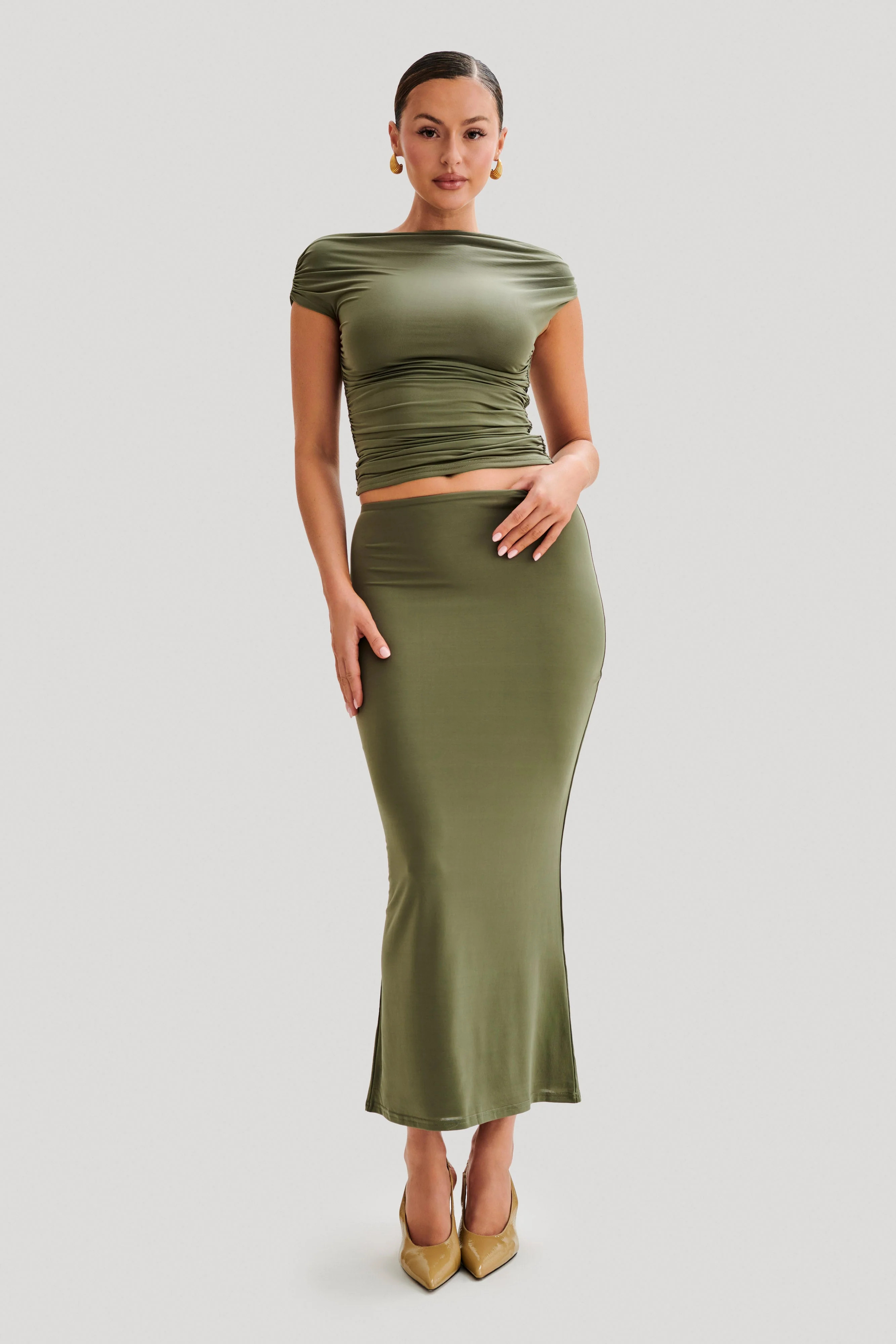 Charlene Slinky Midi Skirt - Olive | MESHKI US