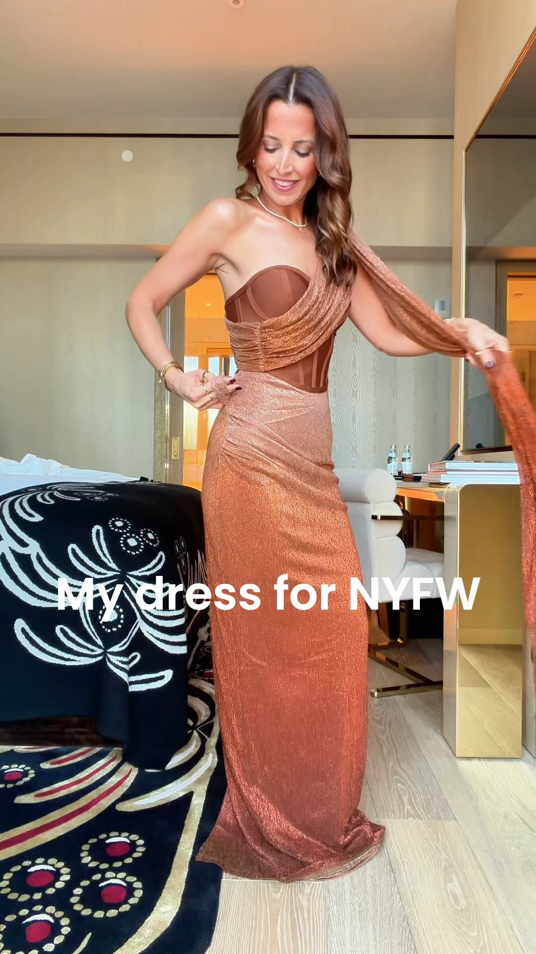 My dress for NYFW! Would be gorgeous for a wedding or fancy event. Wearing XS + comes in 3 colors. Fall wedding guest. Winter wedding guest. Formal dress. Black-tie optional dress. Gold heels are TTS. Party dress. Party outfit.

#LTKgrwm #LTKNYFW #LTKWedding