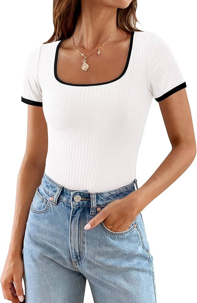 PRETTYGARDEN Womens Summer Short Sleeve T Shirts Ribbed Knit Square Neck Color Block Slim Fitted Basic Casual Tops Blouses | Amazon (US)