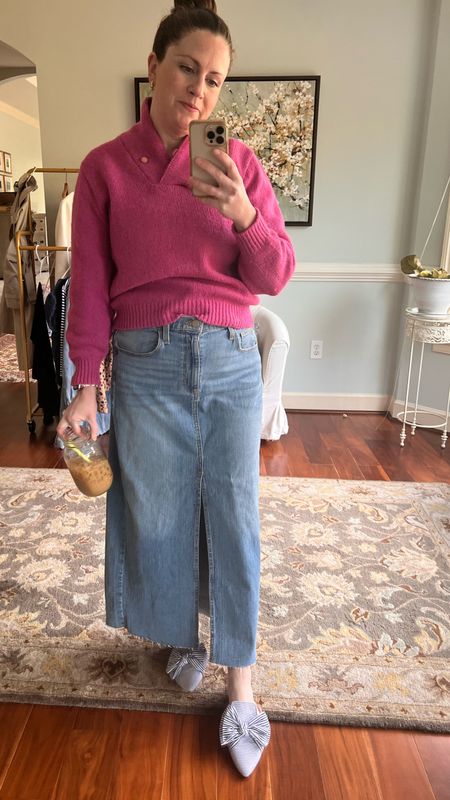 I find styling the maxi denim skirt such a challenge. What do you think of the mules with it?  This sweater is vintage my mom’s closet but the perfect color for spring. Thanks mom! 

#LTKmidsize #LTKover40 #LTKSeasonal