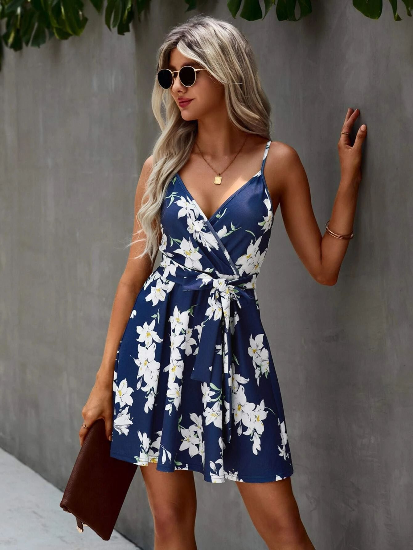 Floral Print Surplice Front Belted Cami Dress | SHEIN