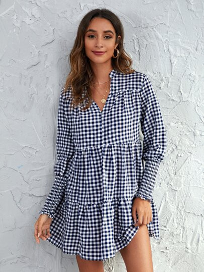 Notch Neck Gigot Sleeve Gingham Smock Dress | SHEIN