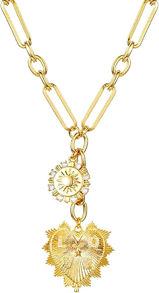 Sun Heart Charm Choker Necklace for Women Men,18k Gold Plated With Zircons Inlaid Pendants,Thick ... | Amazon (US)