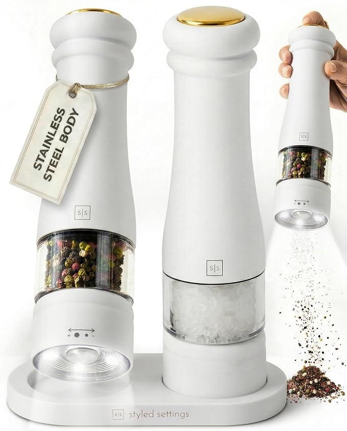 Electric Salt and Pepper Grinder Set - Styled Settings White Electric Salt and Pepper Shakers, Au... | Amazon (US)