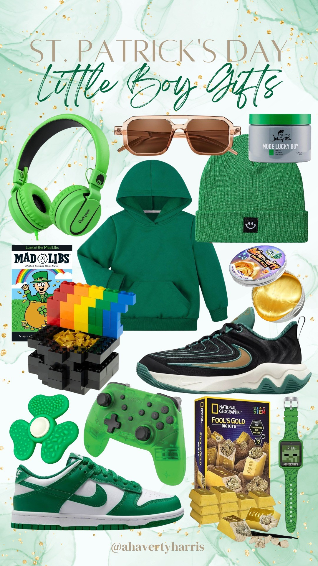 St. Patrick's Day Little boy gift ideas! Put together a St. Patty's basket for your little boy with the cutest Kelly green collection of boy's accessories, kids headphones, boy sunglasses, boy's hat, boy's sneakers, lego,  madlibs, basket stuffers, boy gift guide

#LTKmomlife #LTKKids #LTKspring