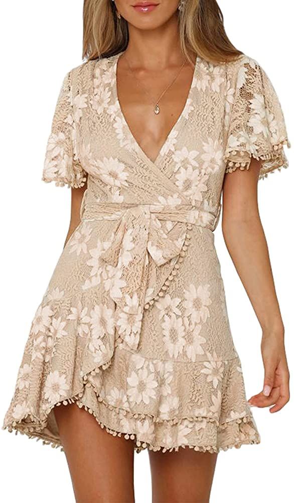 Itsmode Womens Floral Wrap Lace Dresses V Neck Short Sleeve Ruffle High Waist Mini Dress | Amazon (US)