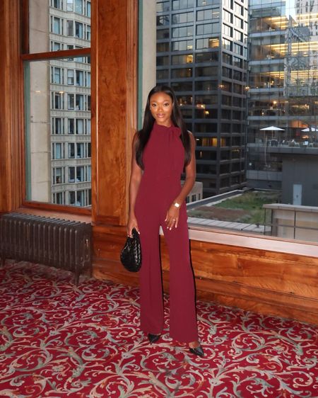 Burgundy jumpsuit, Merlot jumpsuit, red jumpsuit, holiday party outfit, halter neck jumpsuit, Vince Camuto fashion, wedding guest look, dinner party style, Chicago outfit, Walnut Room Chicago  

#LTKSeasonal #LTKwedding