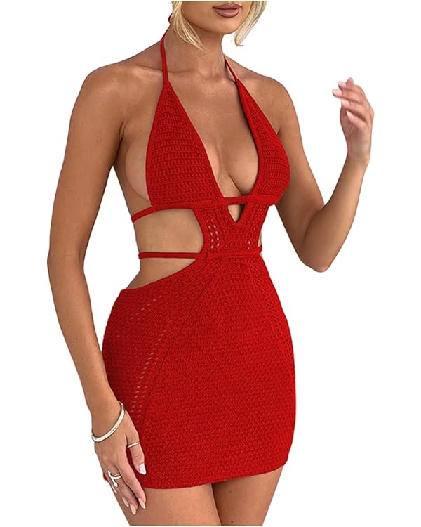 Women's Sexy Halter Hollow Out Knitted Mini Dress Sleeveless Backless Lace Up Bodycon Summer Beac... | Amazon (US)