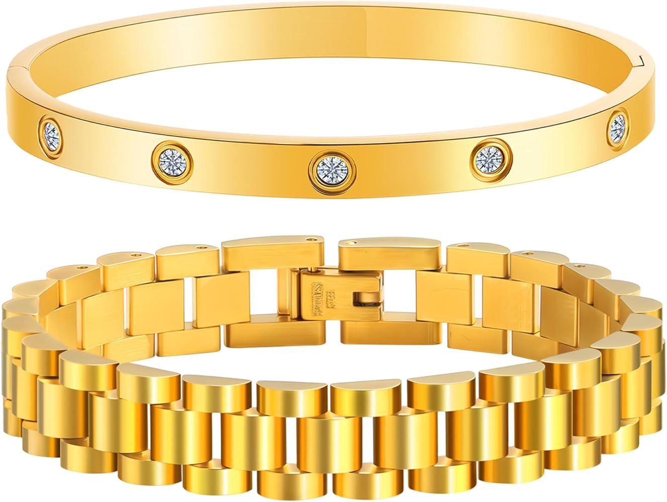 2PCS 18K Gold Chain Link Bracelets for Women - Stackable Love & Friendship Theme Bangle Bracelet ... | Amazon (US)