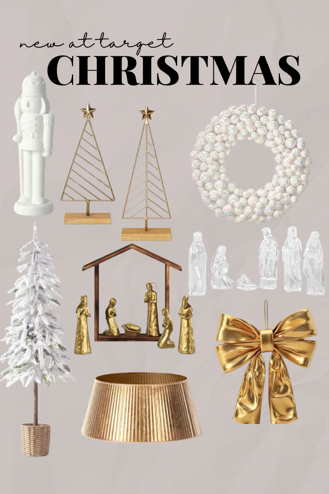 New Christmas releases at target! Gold Christmas - gold and white Christmas - white Christmas - gold bow ornament - white wreath - flocked Christmas tree - nutcracker - gold tree skirt - nativity scene - Christmas garland 

#LTKHome #LTKSeasonal #LTKFindsUnder50