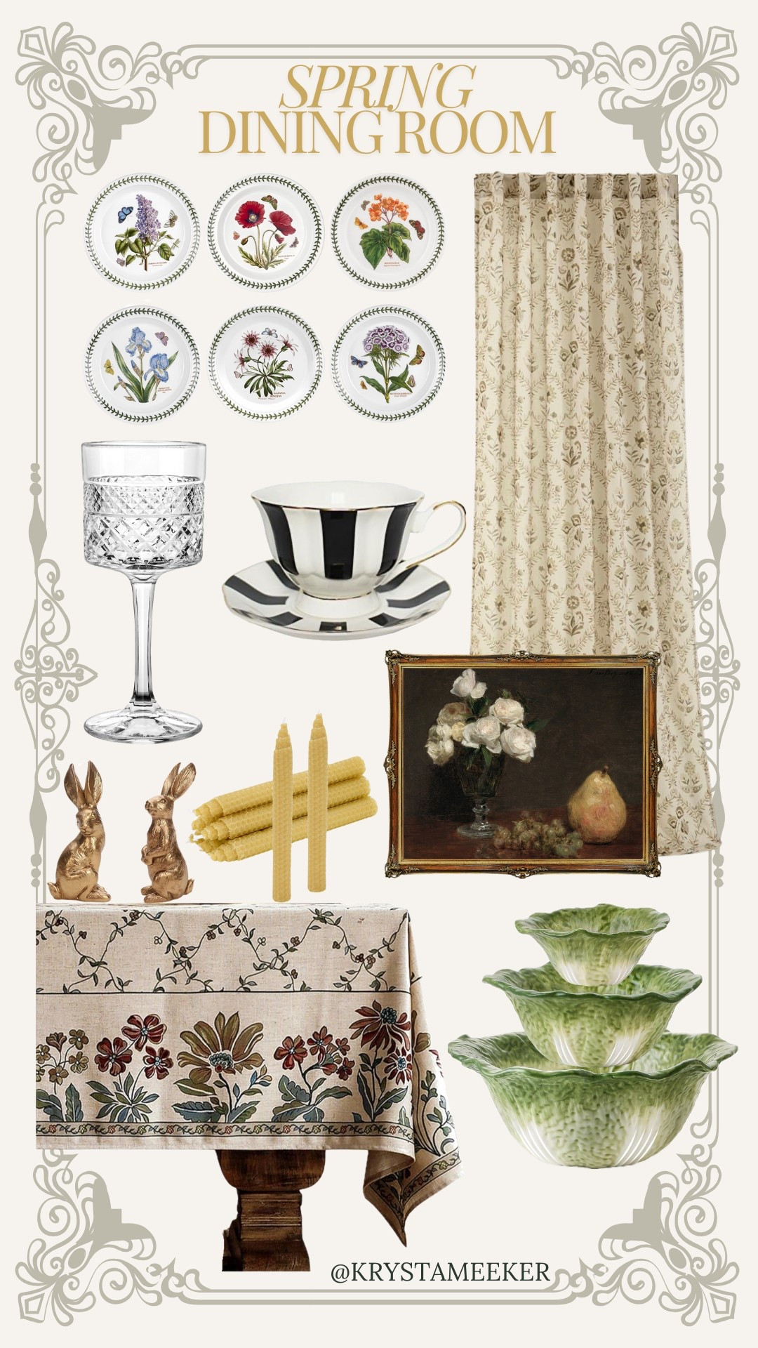 Spring dining room decor 🌿
Botanical items, vintage inspired glassware, soft billowy curtains, and a playful teacup to romanticize your spring tea ritual. 

#LTKParties #LTKHome #LTKSeasonal