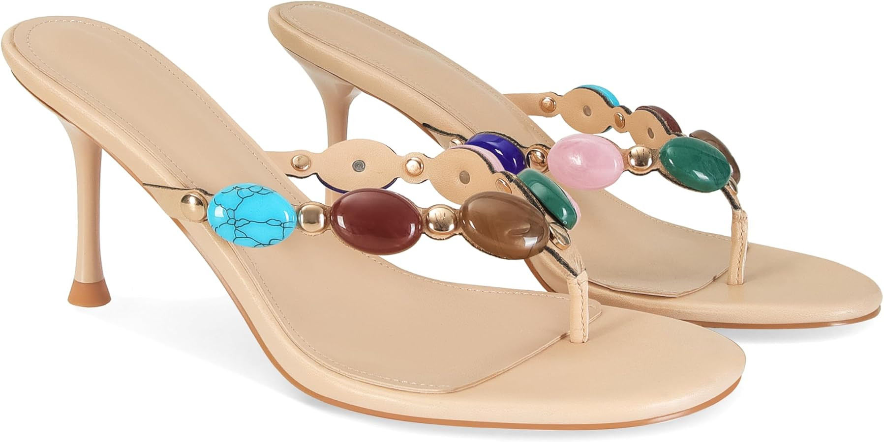 Jeweled Flip Flop Kitten Heels for Women Open Toe Beaded Strappy High Heels Sandals Slip On Thong... | Amazon (US)