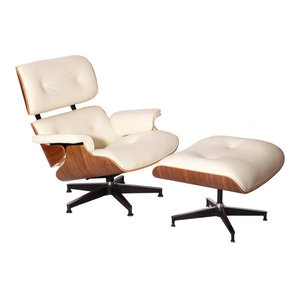 Aniline Leather Lounge Chair and Ottoman, Seat: White, Base: Walnut | Houzz (App)