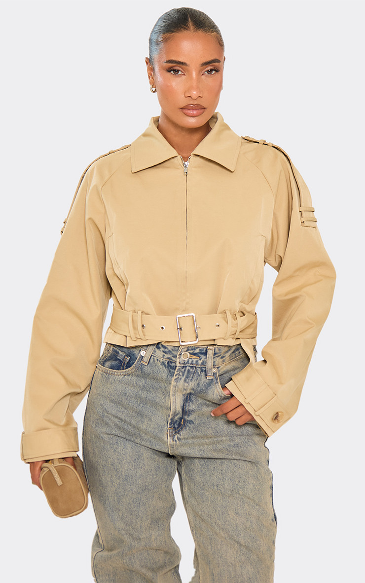 Collared Belted Hem Detail Zip Down Trench Coat In Beige | EGO (UK)