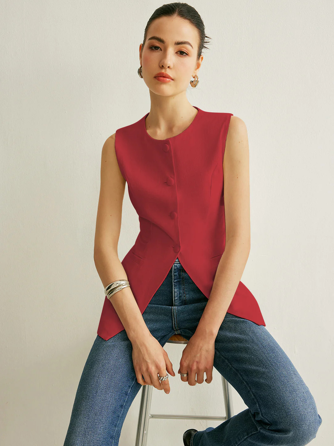 Button Detail Sleeveless Vest | Commense