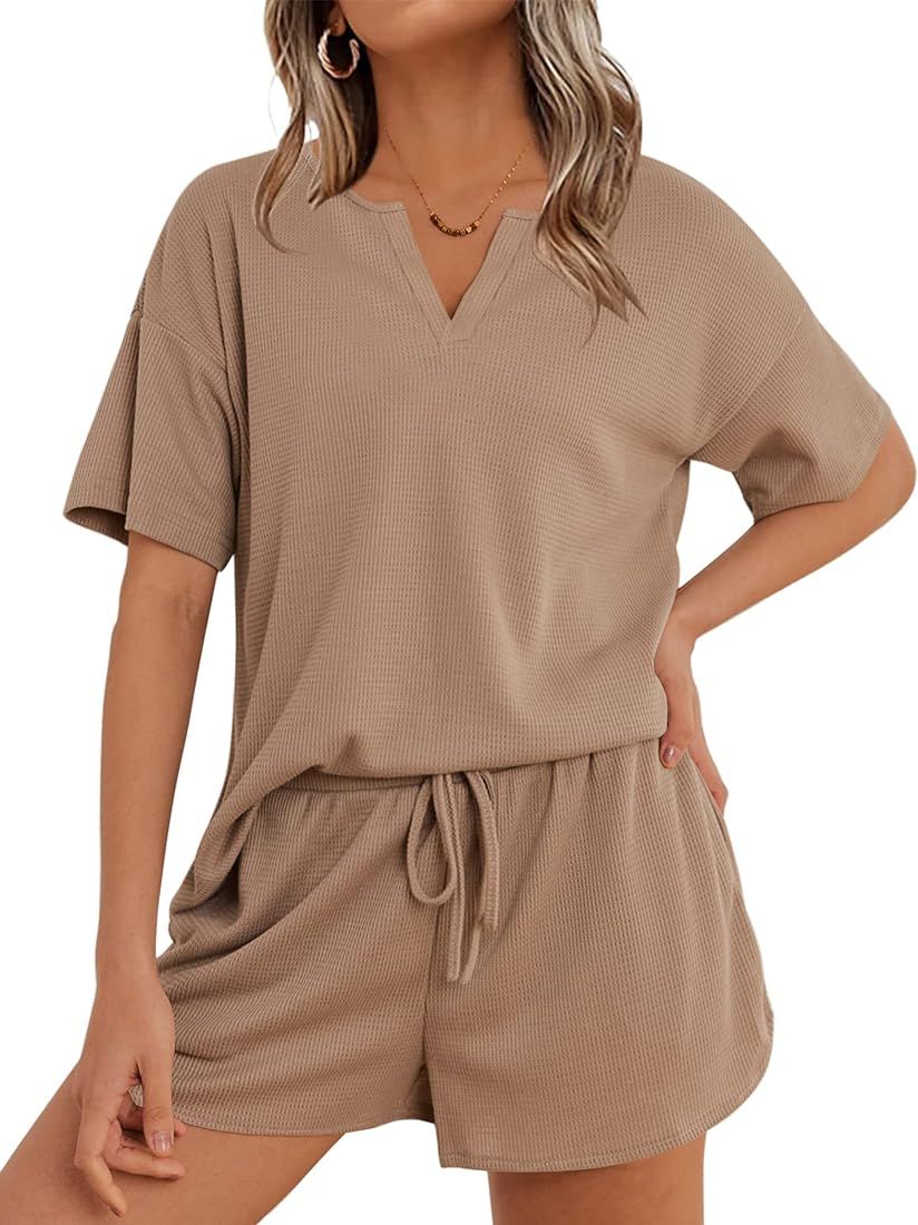 Waffle Knit Pajamas Set Womens Loungewear Short Sleeve Lounge Set 2 Piece PJ Sets S-XXL | Amazon (US)