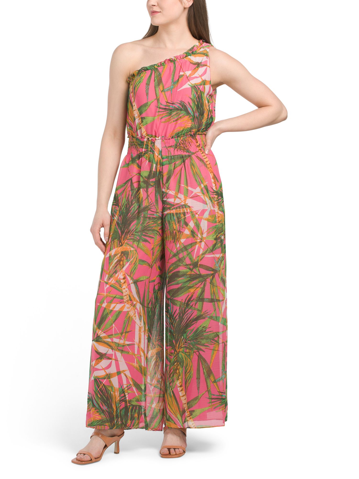 One Shoulder Palm Print Jumpsuit With Ruffle Trim | Marshalls