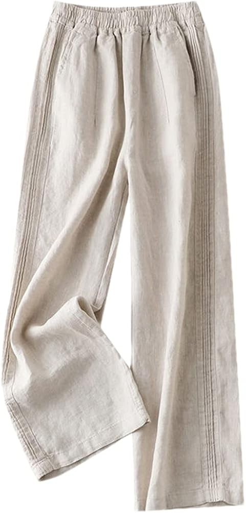 Straight Side Stripe Line Cotton Linen Trousers Women's High Waist Drape Loose Casual Pants | Amazon (US)