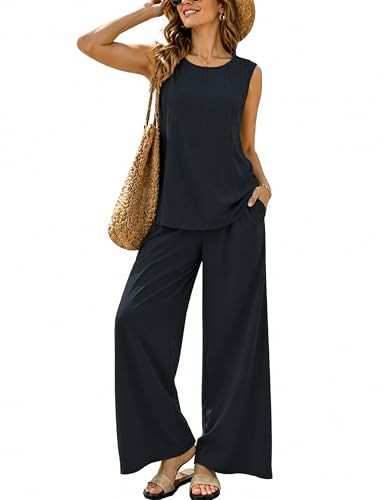 IQSQSQ Women's 2 Piece Matching Sets Summer Sleeveless Top High Waisted Wide Leg Pants Lounge Travel Outfit with Pockets(Navy-M) | Amazon (US)
