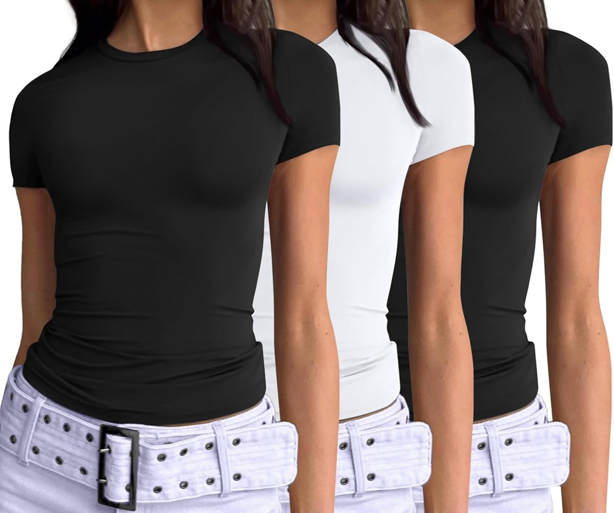 AUTOMET Camisas de manga corta para mujer, 3 piezas, básicas, para salir, ajustadas, ropa 2024 Y... | Amazon (US)