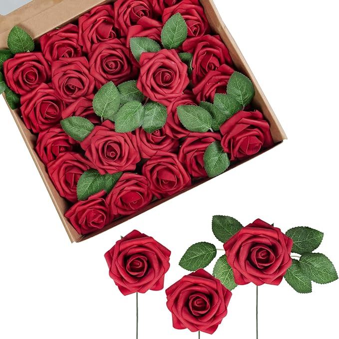 Attmu Artificial Flowers 25 Pcs Fake Roses Real Looking Red Roses Foam Roses with Stems for DIY W... | Amazon (US)