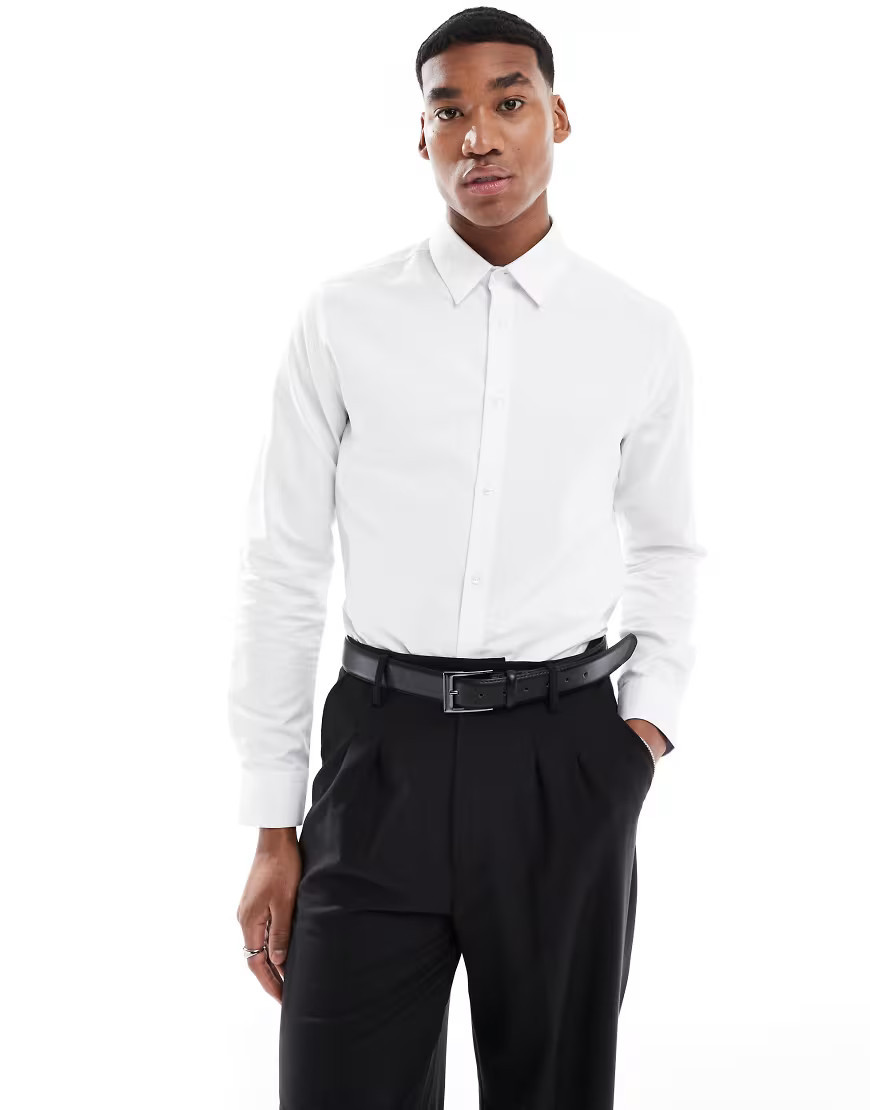 ASOS DESIGN smart slim herringbone shirt in white | ASOS (Global)