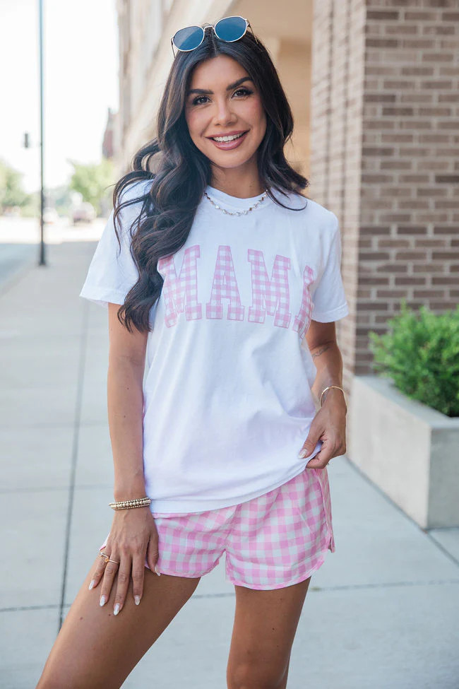 Mama Gingham White Comfort Colors Graphic Tee | Pink Lily
