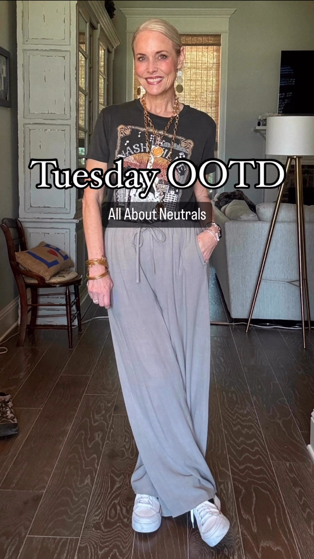 Tuesday vibes: Effortlessly chic and comfortable in neutral tones ✨ This look is perfect for lunch with your favorite friend! 🤍 Featuring Amazon linen-like pants, a stylish graphic tee from Altar’d State, and Nike Court Legacy Lifts for a sporty twist. 

Link and discount code for Jennifer Ponson Designs jewelry (to die for) can’t be linked in my LTK shop, so comment the word JEWELRY, and I’ll manually send you a separate link for that. 

As a reminder for reference:
I’m 53, 5’8, 140 lbs, 6/8/M
*earns commission 

over 50 | vsg journey | cancer survivor | lookalike | self-care | looks for less

#OOTD #Over50Fashion #ComfortableStyle #LooksForLess #AmazonFashion #LunchOutfit #AgeWithStyle #getyourcolonoscopy 

#LTKStyleTip #LTKMidsize #LTKOver40