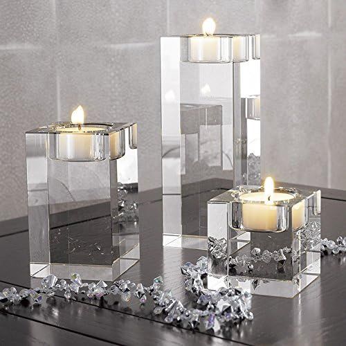 DecentGadget 3PCS Heavy Clear Crystal Tea Light Holder 4cm+6cm+8cm Cuboid Candle Holder for Party... | Amazon (US)