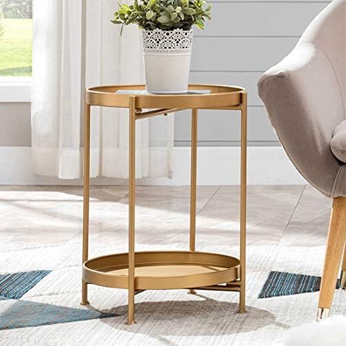 Gold Round End Side Table,Metal Tray Accent Table,Modern Bedside Table for Small Spaces | Amazon (US)