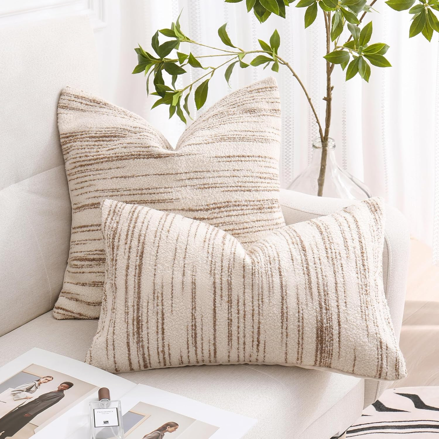 Textured Boucle Pillow Covers 20x20 Brown and Cream Neutral Striped Throw Pillow Covers Modern Fa... | Amazon (US)
