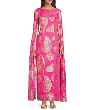 Lilly Pulitzer Madelyn Silk Metallic Paisley Boat Neck Cape Sleeve Maxi Caftan Dress - 2 | Dillard's