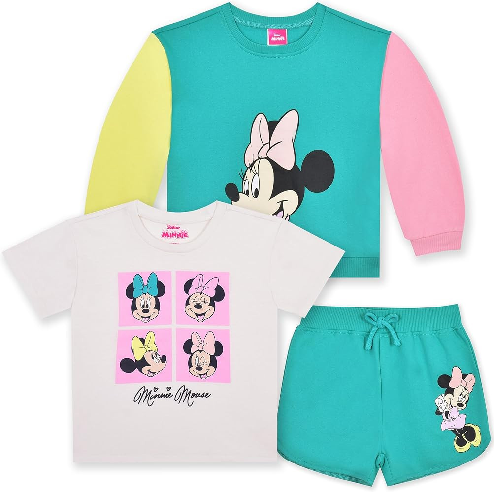 Disney Minnie Mouse Girls Sweatshirt, Short Sleeve T-Shirt, and Shorts 3 Piece Set for Toddlers a... | Amazon (US)