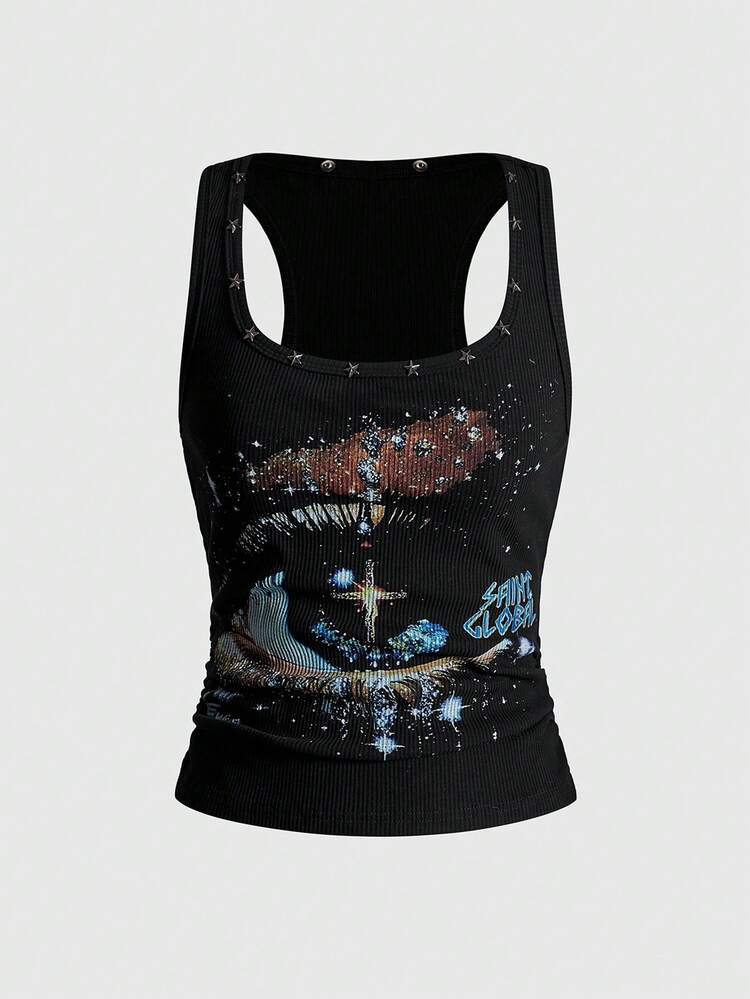 ROMWE Avant Spring/Summer Women's Kpop Retro Baddie Unisex Streetwear Starry Sky & Rivet Print Tank Top | SHEIN