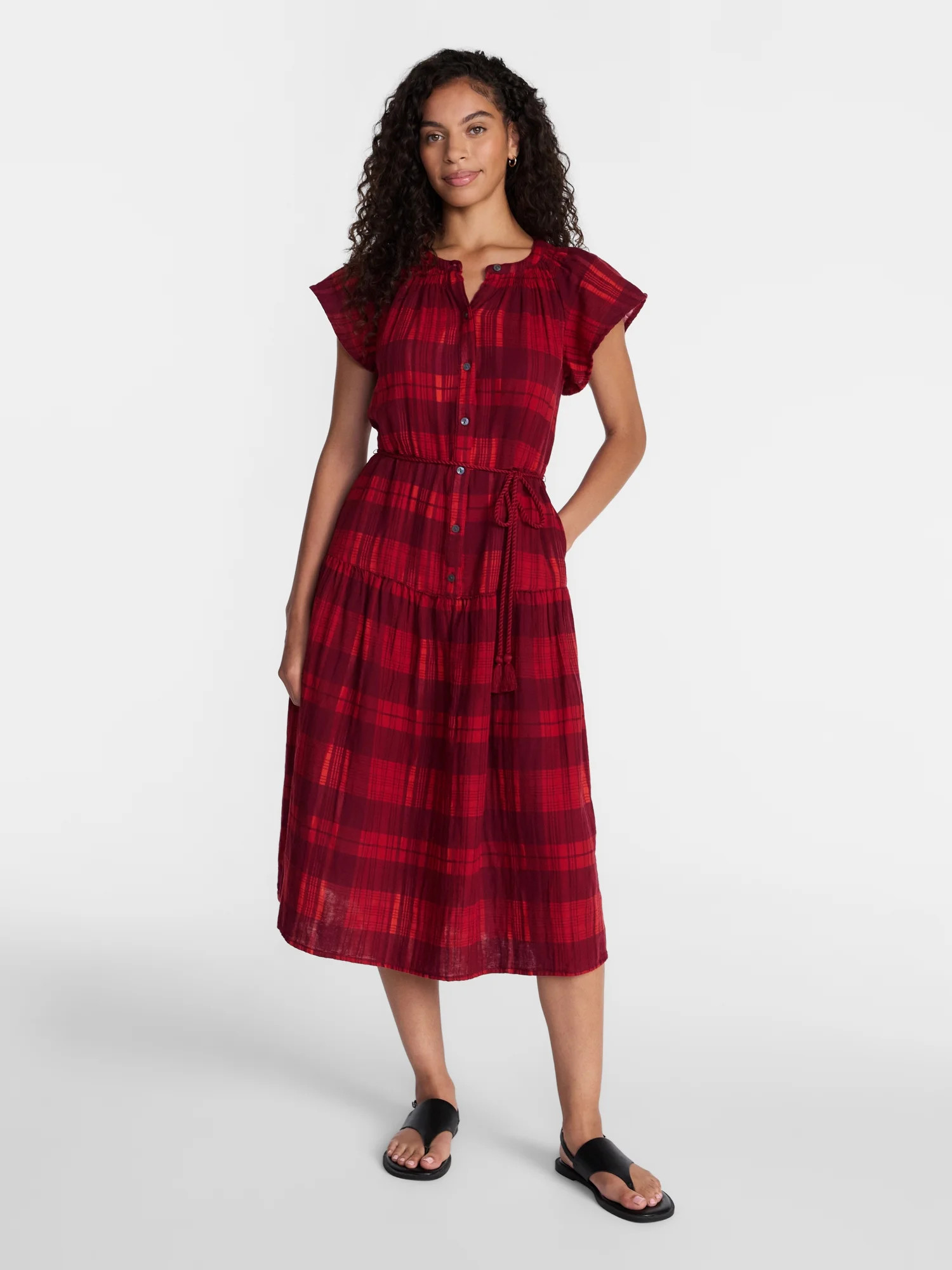 Time and Tru Women's and Women's Plus Double Cloth Midi Dress, Sizes XS-4X | Walmart (US)