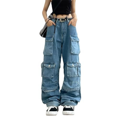 Women's Baggy Cargo Pants Y2K Clothing Multi-Pocket Relaxed Fit Jeans Fairy Grunge Clothes Alt Emo Streetwear (Blue Jeans,L) | Amazon (US)