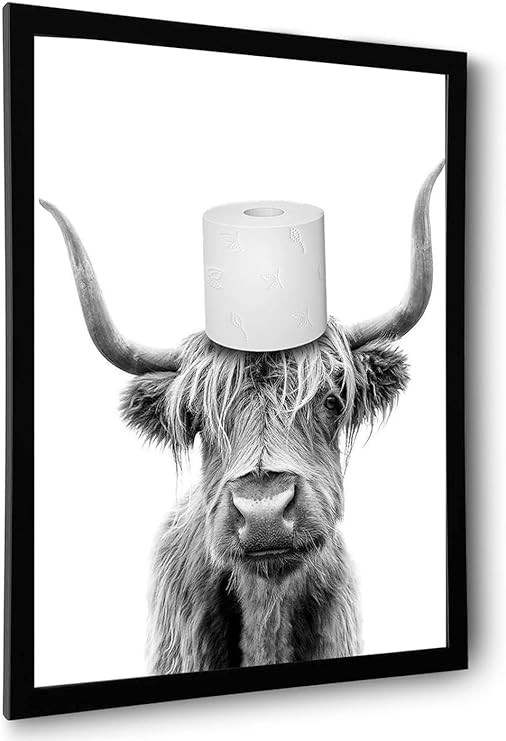 Foduuo Framed Funny Bathroom Wall Art Decor, Black and White Highland Cow Wall Art, Humor Animals... | Amazon (US)