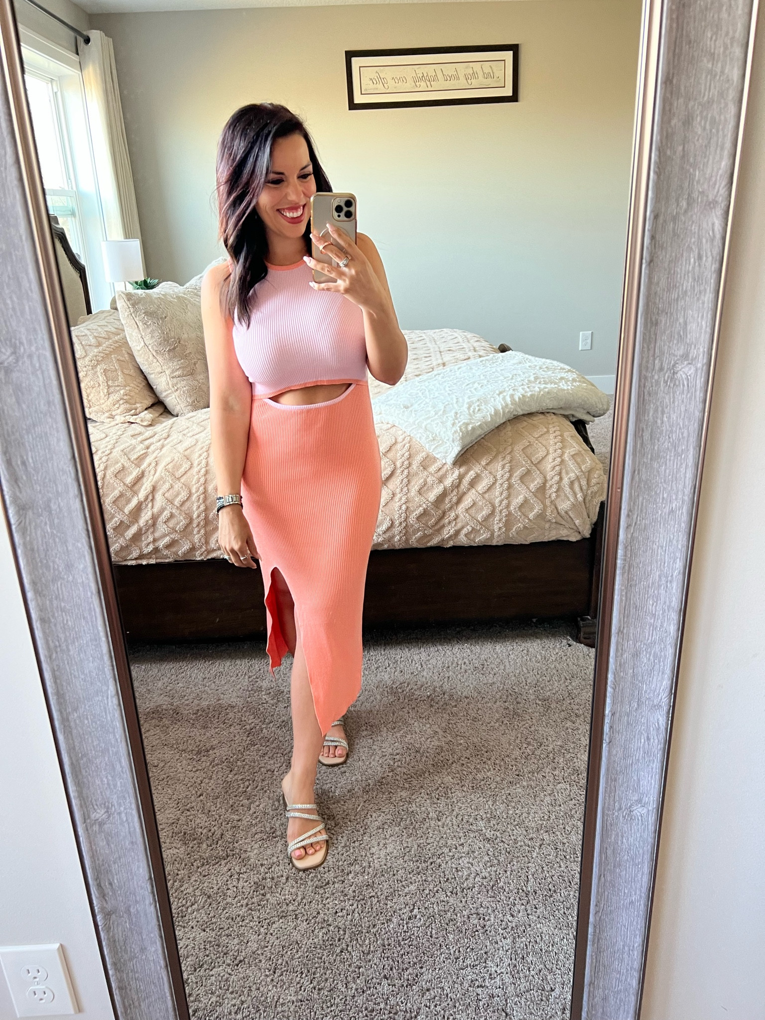 This Amazon Pink and Coral Spring Midi Dress is SO cute!! The material is almost like a light sweater material so it’s perfect for Spring!! True to size! I’m 5’0, 120lbs wearing a size Small